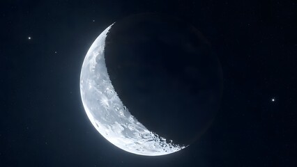 Fototapeta premium A luminous crescent moon shining brightly in the dark night sky, surrounded by distant stars