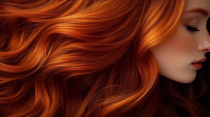 Fototapeta premium Young woman with flowing vibrant red orange hair in motion, professional salon styling showcasing luxurious wavy texture for beauty and haircare concepts.