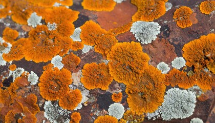 Vibrant Orange and Grey Lichen Growing on Textured Rusty Red Surface Macro Detailed View