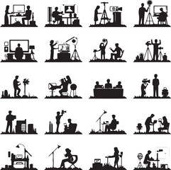 Silhouette icons of people working in film and television production