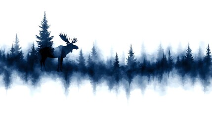 Obraz premium Moose silhouette in misty forest landscape with pine trees. Watercolor style wildlife scene for nature designs, wall art, and outdoor themed projects.