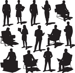 set of business people silhouettes in various poses on white