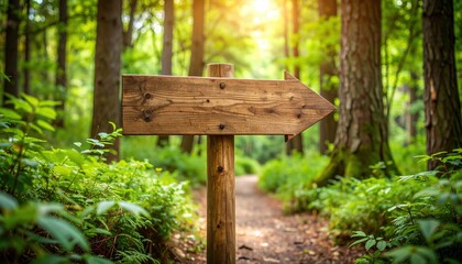 Wooden Directional Signpost on Forest Path Amidst Lush Greenery Illuminated by Golden Sunlight Creating an Atmosphere of Choice and Adventure