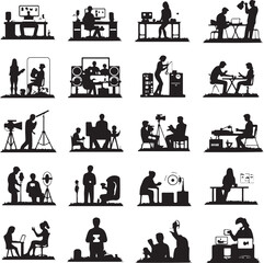 Silhouette icons of people working on computers and film equipment