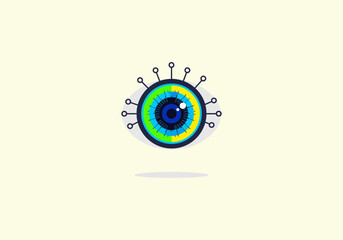 Vector Flat Concept Futuristic Eye Icon with Circuitry, Vibrant Colors, and Geometric Design Elements.