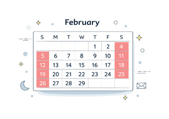 Minimalist February Calendar. February Dates Layout. A floating calendar grid with highlighted weekends and soft decorative dots. The mood is structured, tidy,