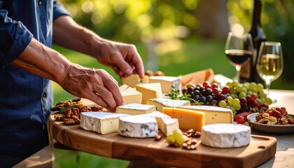 Man Selecting Artisan Cheeses From Wooden Board Outdoors With Red Wine And Grapes Greenery Background Soft Sunlight