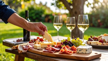 Person's Hand Reaching For Cheese On A Wooden Board With Wine And Grapes Outdoors In Sunlight With Green Trees In The Background
