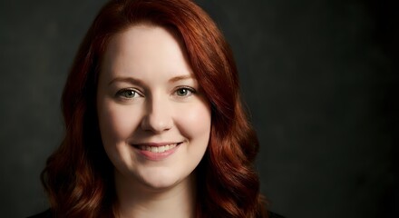 Fototapeta premium Professional headshot of smiling Caucasian woman with red hair against dark background for corporate branding and marketing materials.