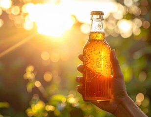 Hand Holds Refreshing Golden Beverage Bottle Bathed In Warm Sunlight With Soft Bokeh Background And Sun Flare Effect