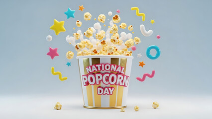 A colorful popcorn bucket celebrating National Popcorn Day with confetti and stars