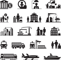 various black silhouette icons on white background