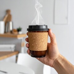 Hand Holding Steaming Coffee Cup With Cork Sleeve in Bright Kitchen Morning Light