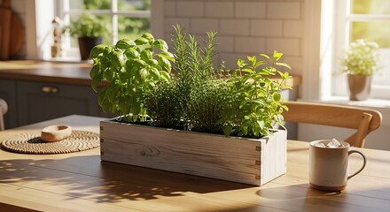 Fresh Herbs in Kitchen Garden on Wooden Table.