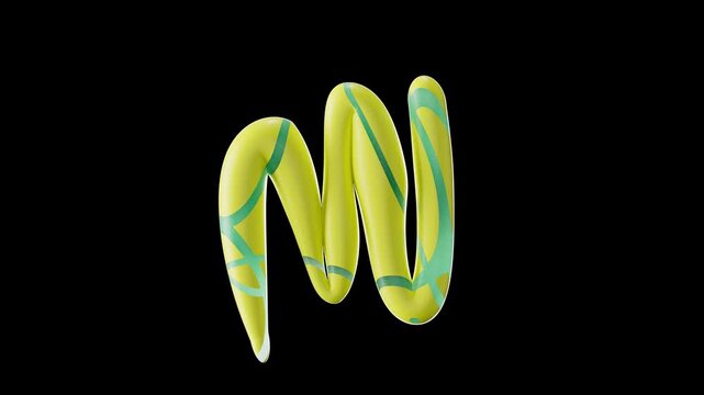 Abstract 3D Seamless Loop &mdash; Floating Yellow Soft Wavy Tube with Green Pattern on Black Background (4K)