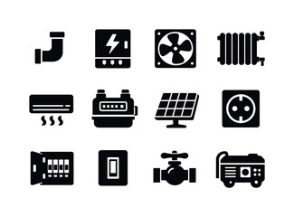 Building Utilities Icons. Building utilities. Solid icon set of building utilities: water pipe, electrical panel, ventilation fan, heating radiator, air