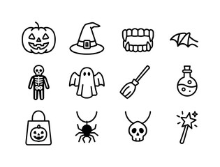Fototapeta premium Halloween Costume Icons. Halloween costume outfit. Line icon set of Halloween costume outfit: pumpkin mask, witch hat, vampire teeth, skeleton suit, bat wings,