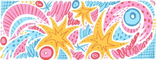 Stars and arrows cutout abstract geometric shapes background. Geometry and freeform collage naive doodle figures. Scrapbook twinkle stickers with irregular blob shapes. Vector illustration isolated.