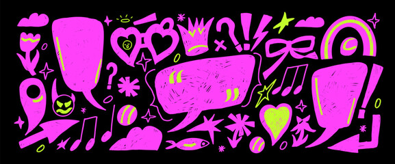 Fototapeta premium Speech bubble neon markers doodles. Hand drawn girly text boxes with decorative scribbles. Funky crayon pencil devil, callout shapes. Vector textured talk frames. Crown, stars, arrows on background.