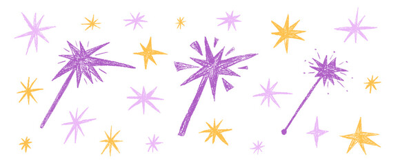 Sketchy star and magic wand collection with glitter dust. Cute doodle icons for girly stickers, baby shower, and enchanting fairy tale backgrounds in vector format. Crayon twinkles Christmas firework. © Syuzann q