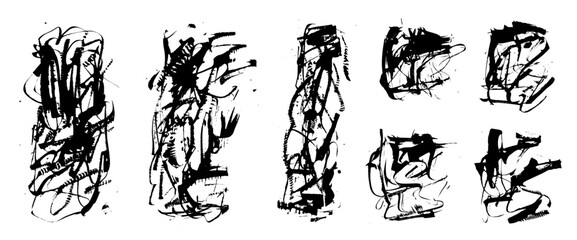 Grunge ink brush stroke background texture set. Dynamic abstract black backdrop design elements. Hand drawn gritty patterns, energetic splashes for posters. Vector template bg rectangle scribbles.