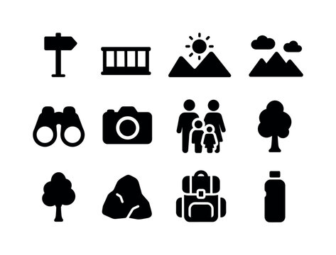 Family Scenic Icons. Family scenic overlook. Solid icon set of family scenic overlook: viewpoint sign, railing, mountain silhouette, sun icon,