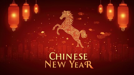 Naklejka premium Chinese New Year celebration with a leaping horse and city skyline