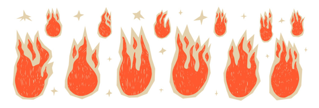 Funky fire paper cutouts icons with pastel pencil texture. Doodle flames vector illustration set with rough textures and collage graphic shapes for bold designs. Scrapbook bonfire elements isolated.