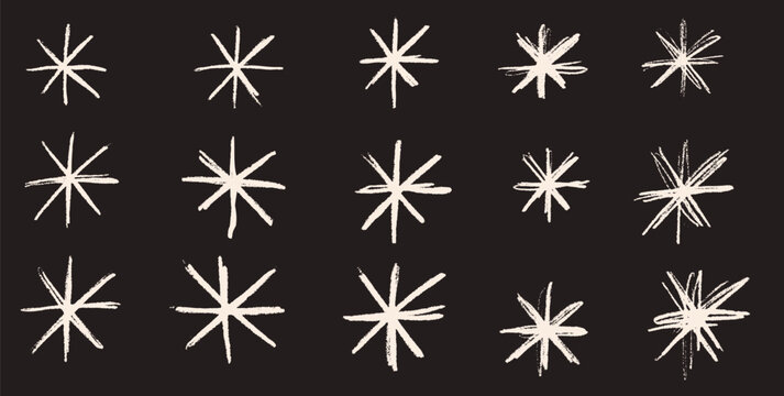 Snowflakes chalk drawn shape sign. Asterisk irregular elements set. Abstract crayon pencil drawn stars collection. Uneven brush snow flakes. Simple markers handmade symbols. Vector illustration.