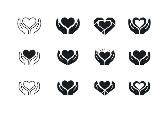 Grateful Heart Icons. grateful heart. Icon set. Set Logo of grateful heart: hands holding heart. harmonious logo variations of the same emblematic concept,