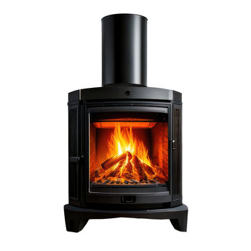 A black, modern fireplace with a roaring fire