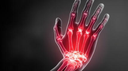 Human hand with illuminated bones and joints demonstrating anatomical structure and highlighting the skeletal system
