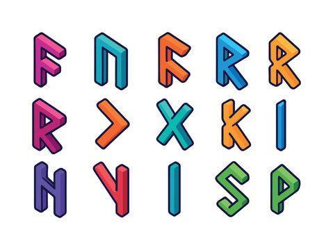 Nordic Rune Icons. Nordic runes. Colorful isometric vector icons set of nordic runes: fehu rune, uruz rune, thurisaz rune, ansuz rune, raidho rune, kenaz rune,