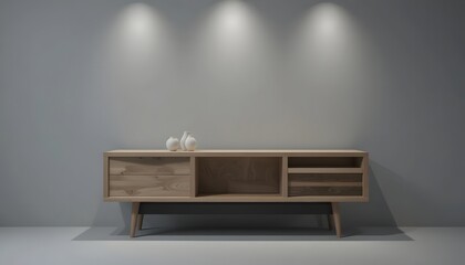 Modern wooden sideboard with decorative vases on top in minimalist room