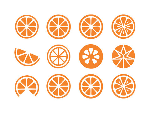 Fruit Logo Variations. Fruits. Icon set. Set Logo of fruits: orange slice. harmonious logo variations of the same emblematic concept, each with different