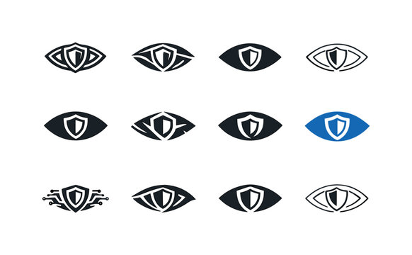Cybersecurity Logo Icons. Cybersecurity. Icon set. Set Logo of cybersecurity: eye with shield (anti-surveillance). harmonious logo variations of the same