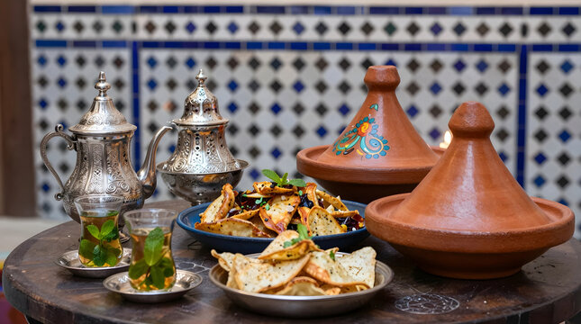 Traditional Moroccan tea and food setup with tagines and snacks