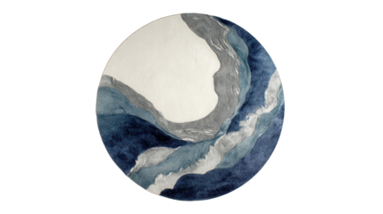 Round contemporary rug featuring abstract flowing waves in various shades of blue, silver, and white, creating a modern fluid art design for interior decor concepts