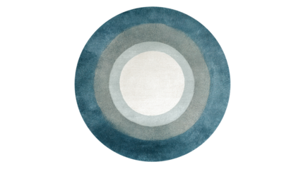 Round round floor rug with concentric circles in blue, teal, gray and off white, modern soft textile design for interior decor, flat lay on transparent background