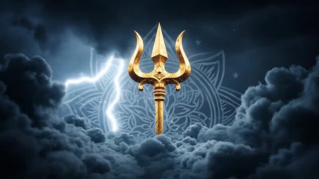 Golden Trident Amidst Stormy Clouds and Lightning.