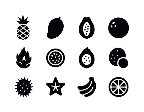 Tropical Fruit Icons. Tropical fruits. Solid icon set of tropical fruits: pineapple, mango, papaya, coconut, dragon fruit, passionfruit, guava, lychee,