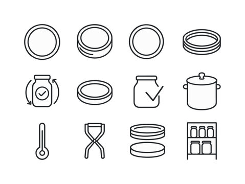 Canning Lid Icons Set. Canning lids. Line icon set of Canning lids: lid top view, lid underside, rubber ring, metal band, screw threads, airtight icon, jar