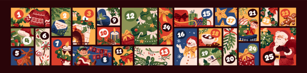 Design of Christmas advent calendar with figures and seasonal items. Template of countdown to xmas with gift of the day. Santa Claus presents box for winter holidays. Flat vector illustrations