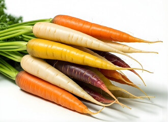 Heirloom carrots in various colors stacked together with green leaves  healthy food