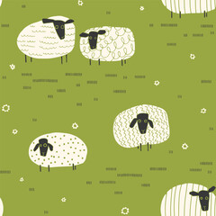 Pasture with cartoon sheep. Green, black and white design.