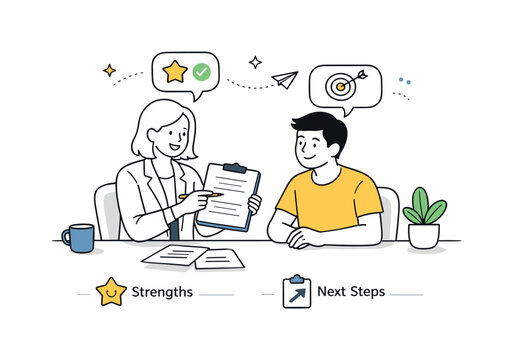 Constructive Feedback Session. Constructive feedback session. Manager and employee reviewing a document together, highlighting strengths and next steps. Mood