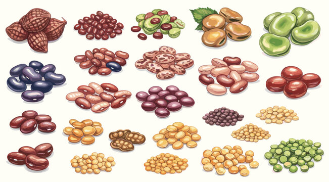 Hand drawn assorted beans and legumes collection, colorful organic seeds illustrated on light background.