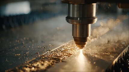 Laser cutting machine performs precise cutting on metallic surface in a workshop during daylight hours showcasing craftsmanship and technology