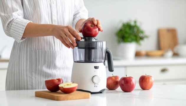 Woman preparing fresh apple juice with electric juicer in a bright kitchen scene with whole and sliced apples on a white countertop. - Powered by Adobe