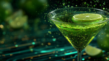 Refreshing green cocktail with lime and bubbles glows in martini glass against dark neon modern bar background

